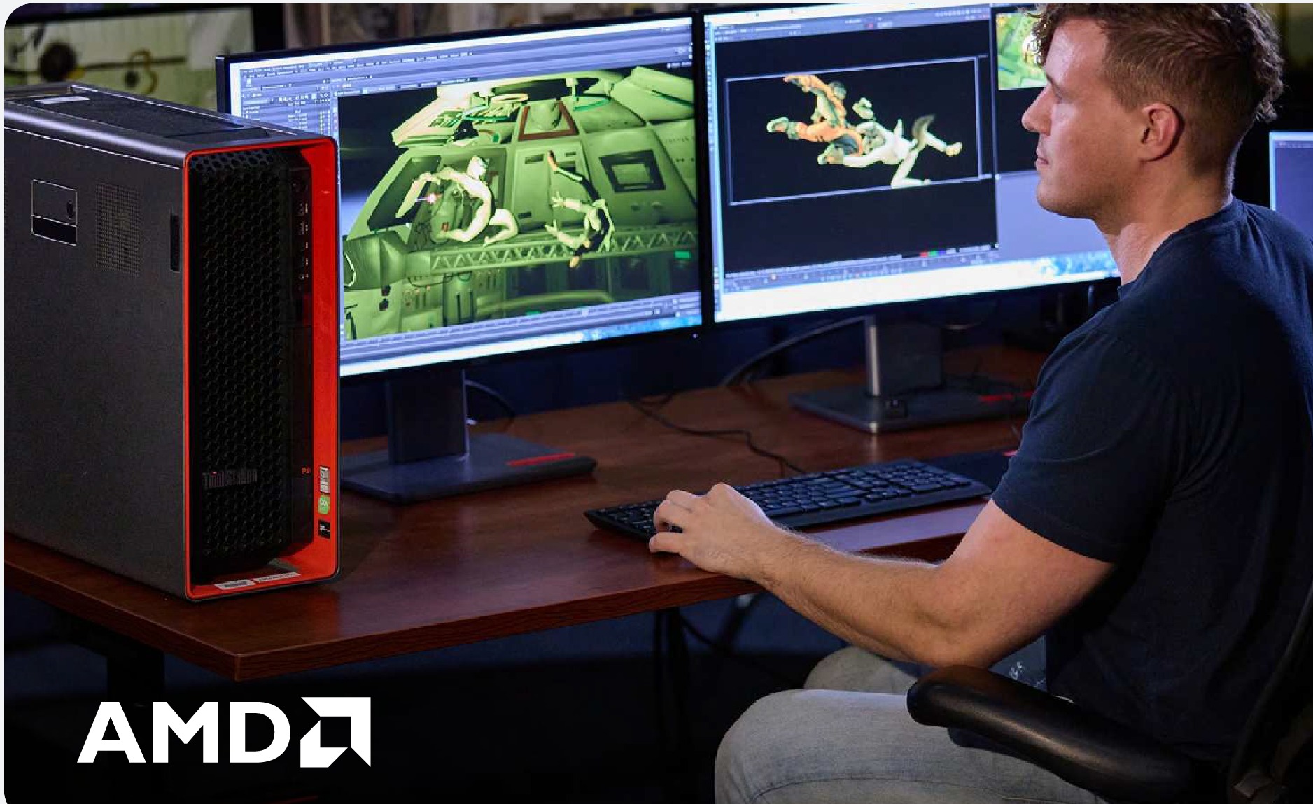 A creative professional works at a Lenovo ThinkStation P8 with dual monitors displaying 3D animation software.